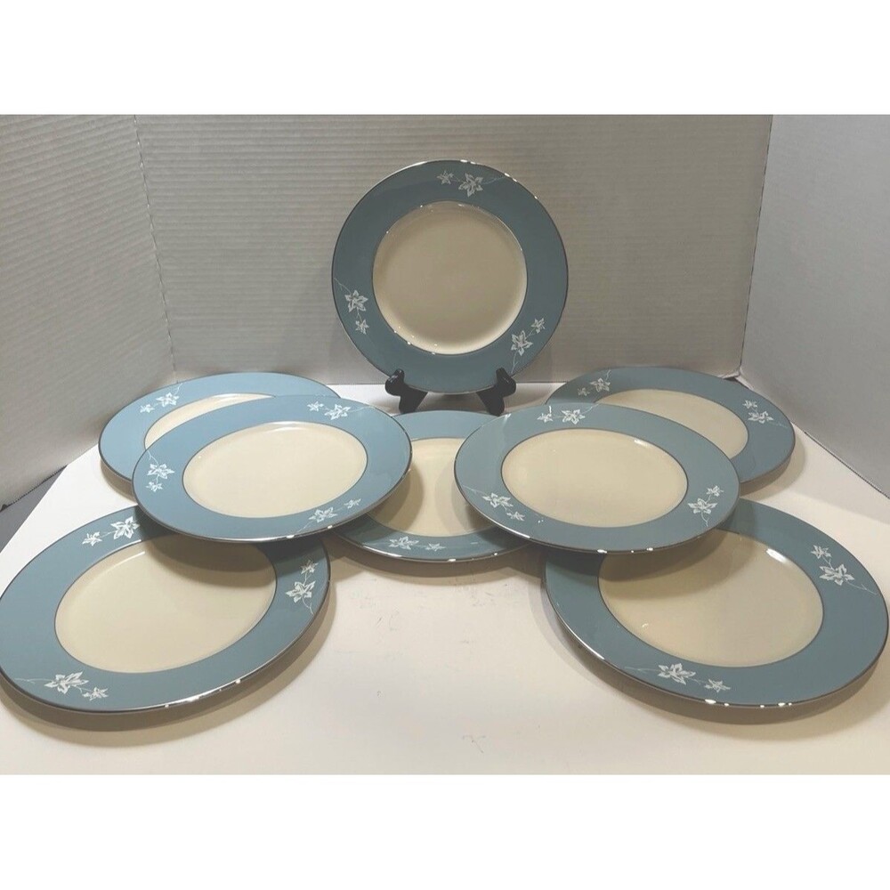 FLINTRIDGE china MISTY LEAF 8 1/2” Salad Dessert Plates Strata Blue Set Of 8